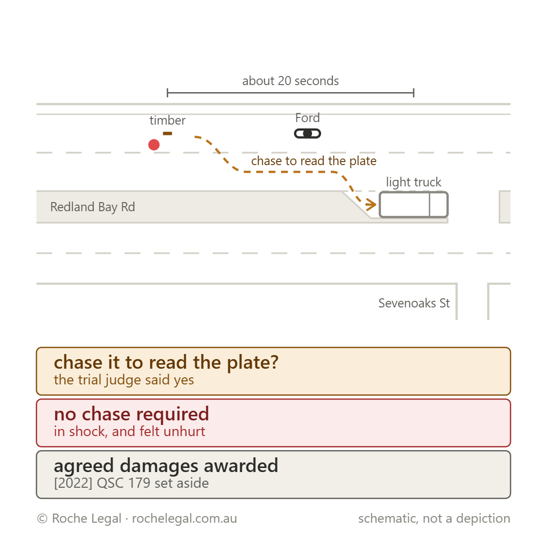 Schematic of Ford v Nominal Defendant [2023] QCA 83, timber from a light truck, then 20 seconds to read its plate