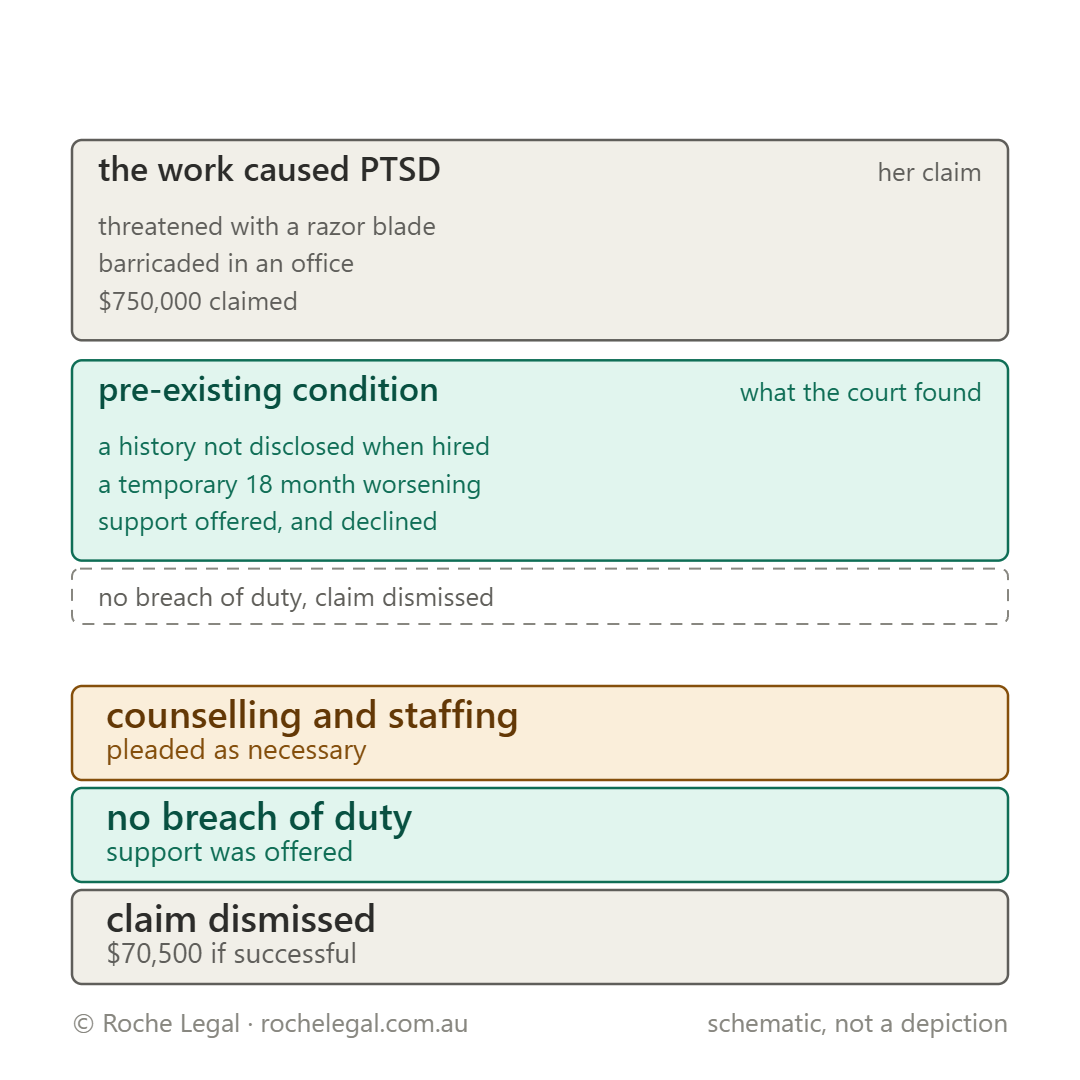 Schematic of Hoyes v Wellways Australia Limited ACN 093 357 165 [2025] QDC 125, support worker, three incidents at work