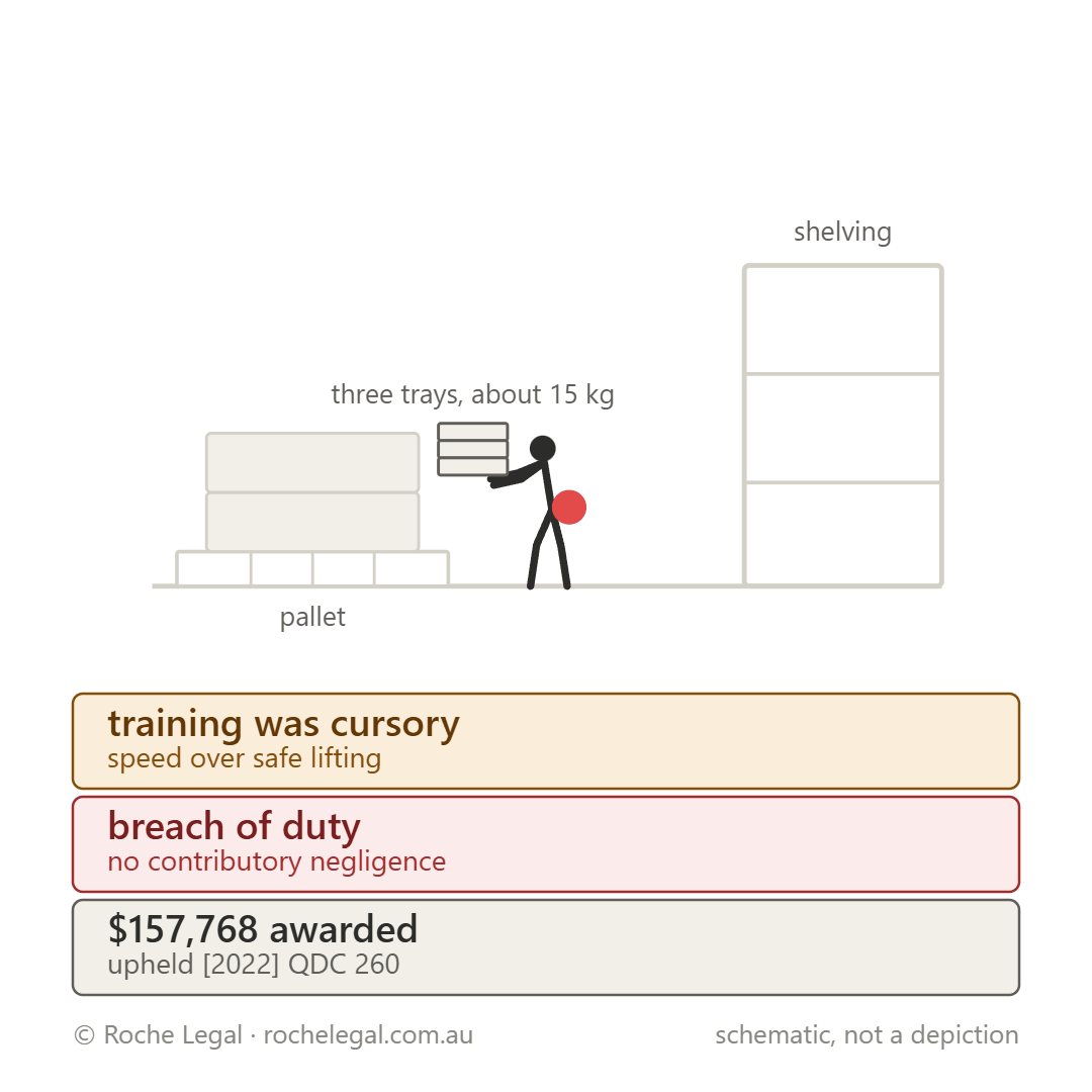 Schematic of Norsgaard v Aldi Stores (A Limited Partnership) [2023] QCA 204, three trays of tinned tomatoes, about 15 kg