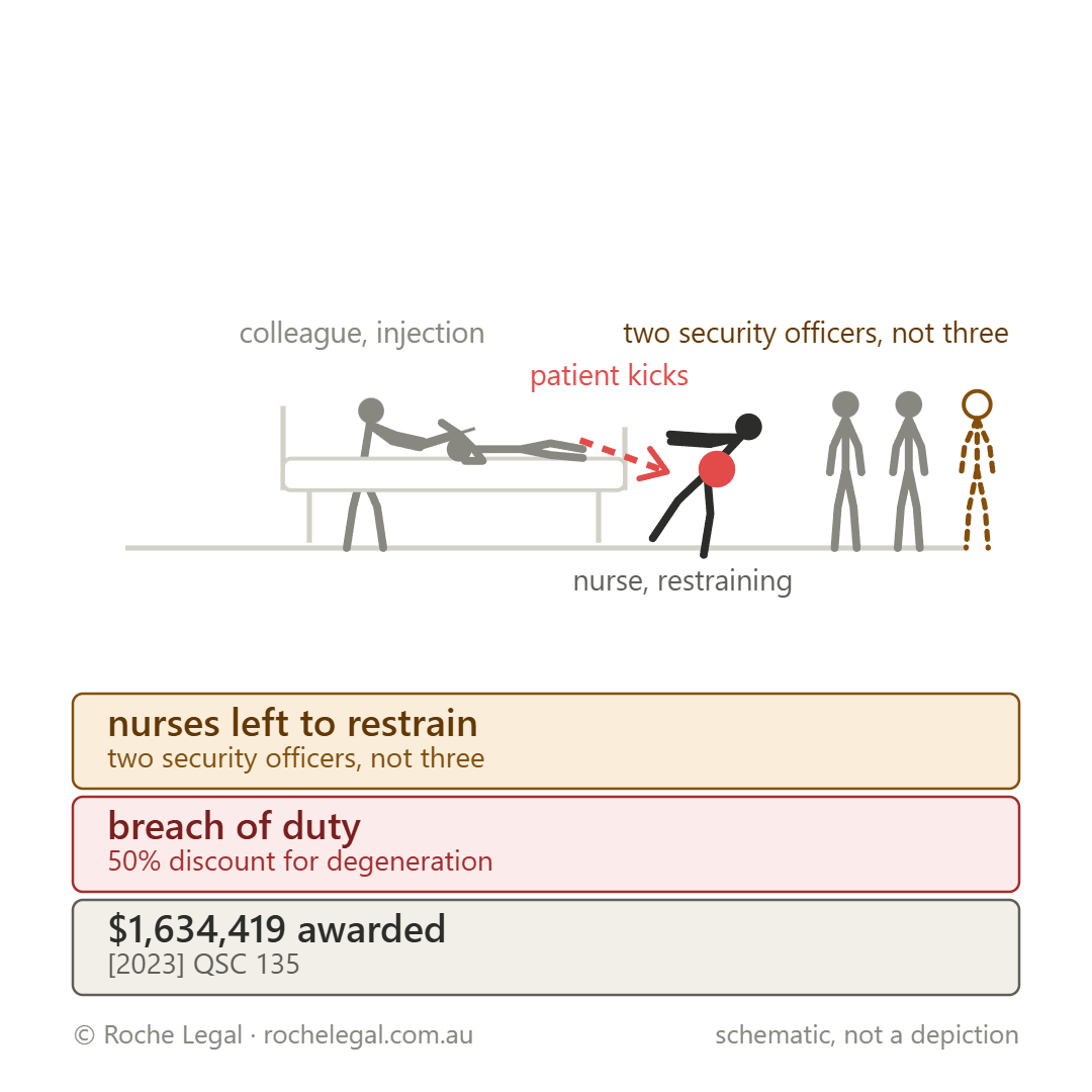 Schematic of Trinet Ruth Wilson v Gold Coast Hospital and Health Service [2023] QSC 135, twisted to avoid a kick during a patient restraint