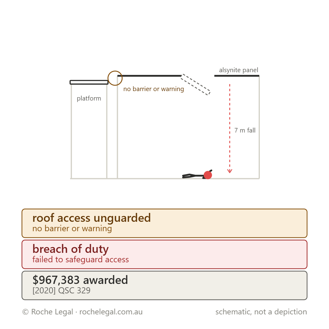 Schematic of Walker v Greenmountain Food Processing Pty Ltd [2020] QSC 329, alsynite panel, dusk, 7 metre fall